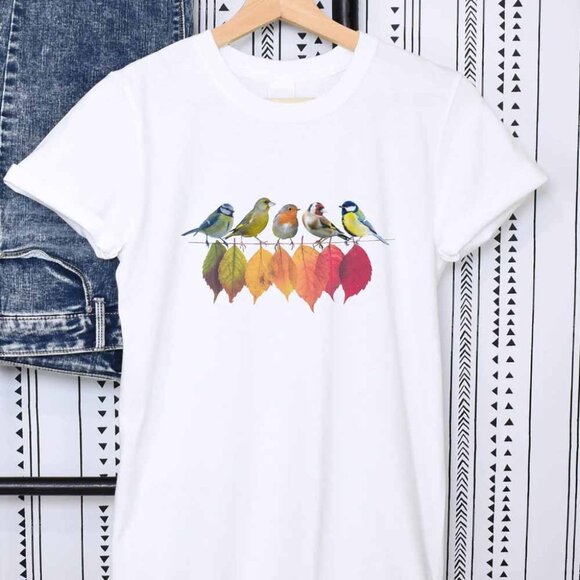 British Wild Birds on a wire with Autumn Leaves Tshirt featuring a Blue - Picture 1 of 3